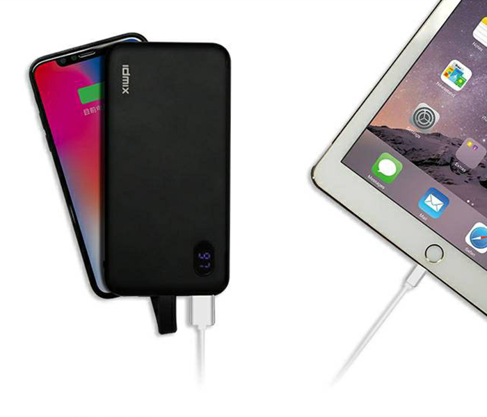 Idmix P10 MFI 8000mAh MFI super Thin Power Bank with Integated Lightning Cable - Black - Zoom Image 2