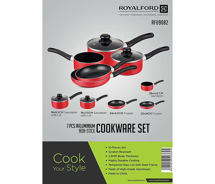 Royalford RFU9082 7 Pieces Aluminum Non-Stick Cookware Set - Red - Zoom Image 6