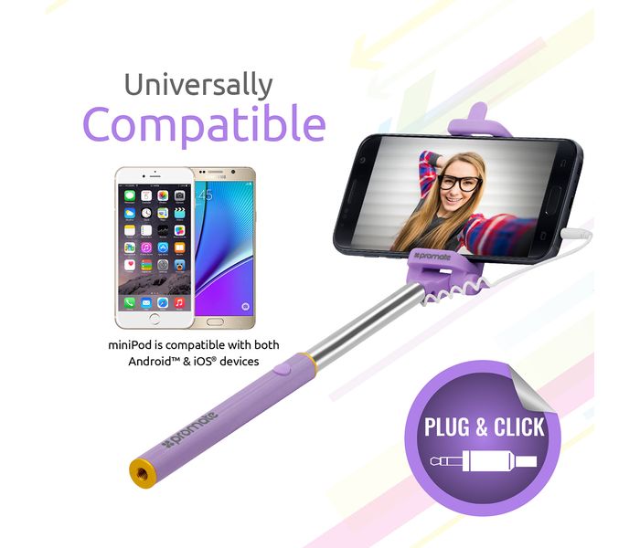 Promate Minipod Perfectly Foldable Extendable Selfie Stick Pole Wire Monopod with Remote Shutter, Purple - Zoom Image 5