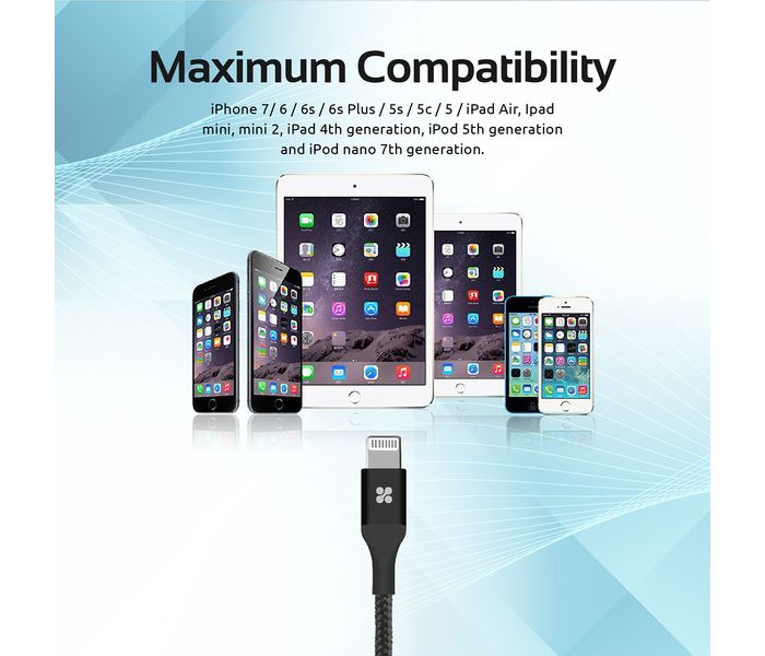 Promate Cable-LTF Heavy Duty Mesh Armored USB Lightning Charge Cable - Black - Zoom Image 1