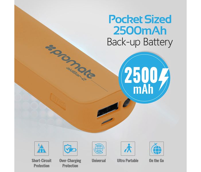 Promate Aid Bar-2 2500 mAh Ultra Compact Universal Power Bank, Gold - Zoom Image 1