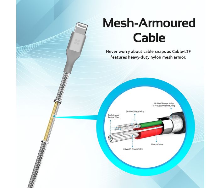 Promate Cable-LTF Heavy Duty Mesh Armored USB Lightning Charge Cable - Silver - Zoom Image 6