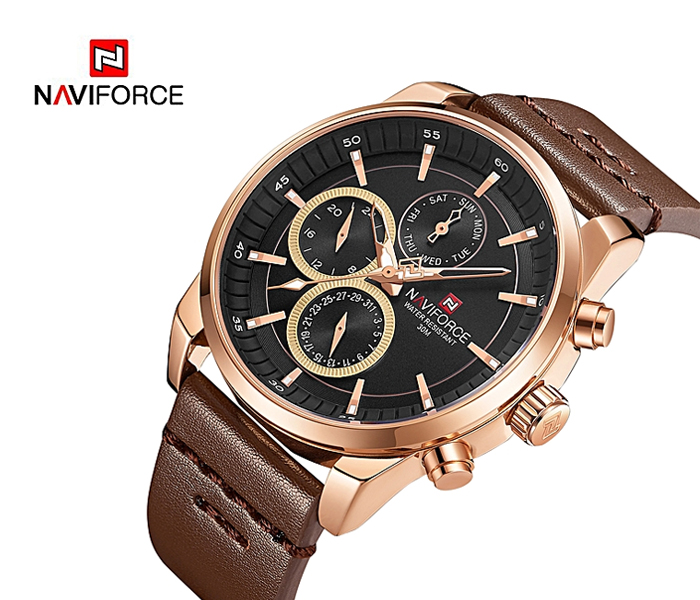 Naviforce 9148 Men Luxury Chronograph Leather Starp Watch - Gold - Zoom Image 1