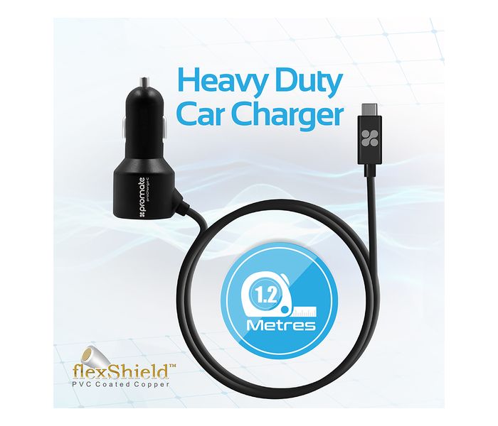 Promate ProCharge-C Ultra Fast Dual USB Type C Car Charger, Black - Zoom Image 1