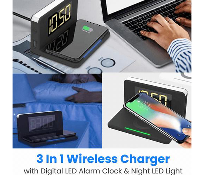 Zen 3-In-1 Wireless Charger with Digital LED Alarm Clock & Night LED Light - Black - Zoom Image 3