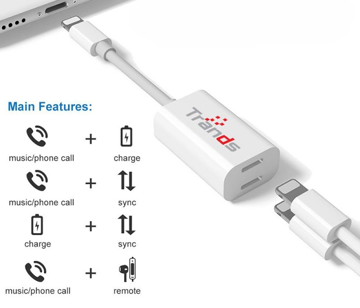 Trands TR-AD8192 Dual Lightning Adapter Splitter for Audio & Charge - White - Zoom Image 5