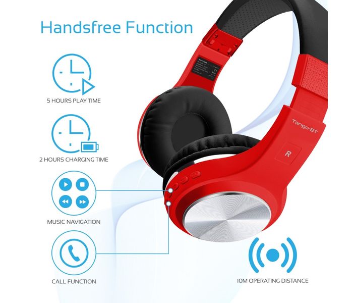 Promate Tango-Bt Foldable On-Ear Wireless Stereo Headset with Built-In Music Controls, Red - Zoom Image 5