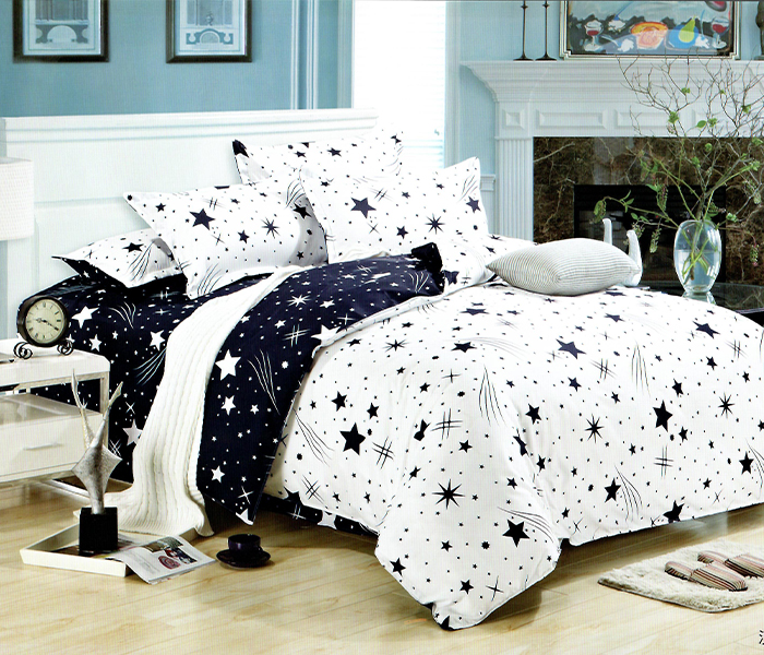 AMH A038 Double Size Bed Sheet with Quilt Cover & Pillow Cover 6pcs - Dark Blue & White - Zoom Image