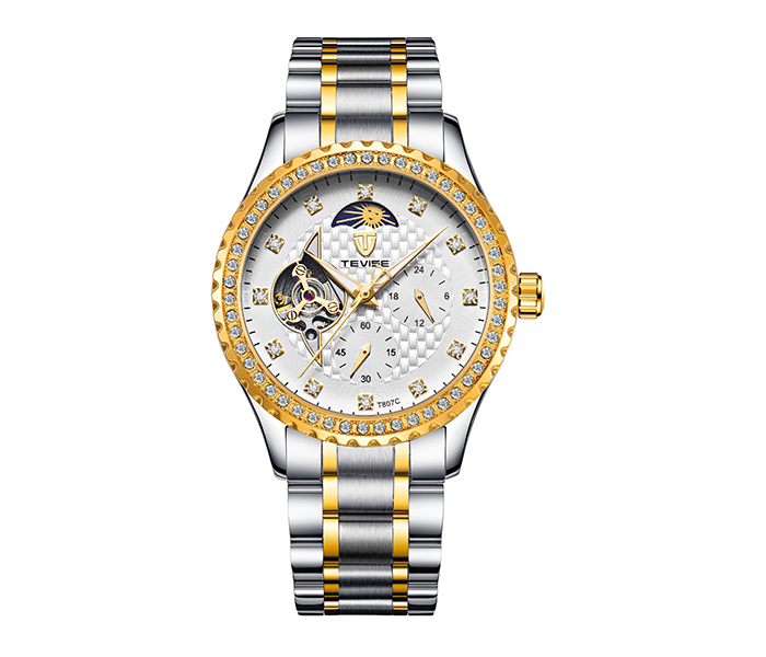 Tevise T807C Skeleton Men's Automatic Sun Moon Phase Watch - Gold & White - Zoom Image