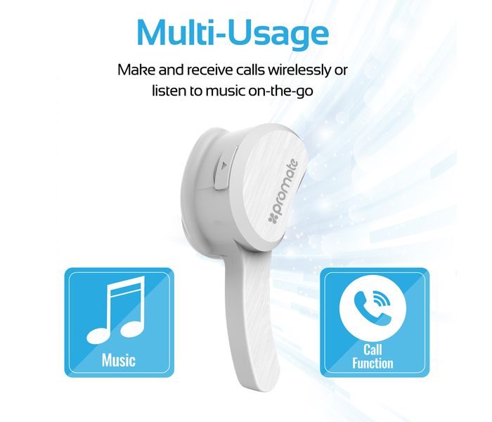 Promate Aural Lightweight Universal Wireless Mono Earphone, White - Zoom Image 1