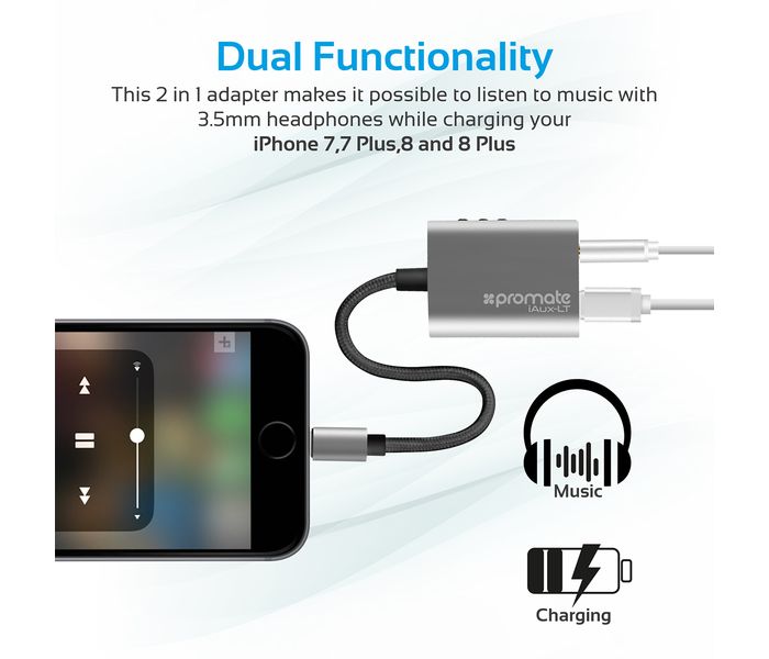 Promate iAux-LT 3.5mm Audio Adaptor with Lightning Connector for Apple iPhone, Grey - Zoom Image 3