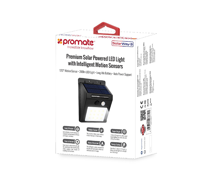 Promate Solarway-3 Solar Powered LED Light with Intelligent Motion Sensors - Black - Zoom Image 6