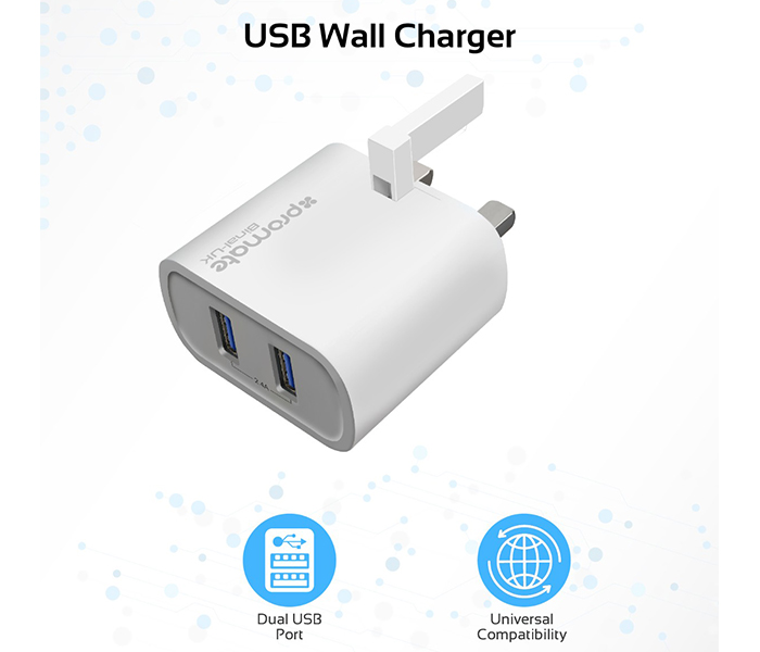 Promate Binal-UK 2.4A Ultra Compact Dual USB Port Wall Charger - White - Zoom Image 1