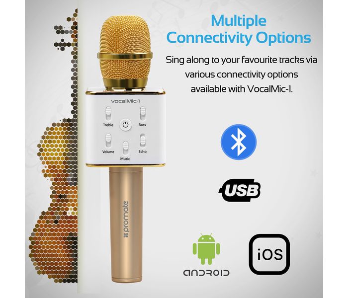 Promate VocalMic-1 Portable Wireless Bluetooth Microphone with Karaoke Player, Gold - Zoom Image 1