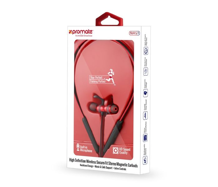 Promate Spicy-1 High Definition Wireless Secure-Fit Stereo Magnetic Earbuds, Red - Zoom Image 7