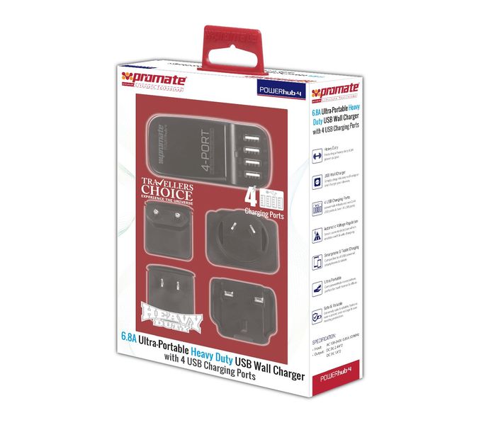 Promate PowerHub-4UK 6.8A High Speed USB Wall Charger with 4 USB Ports, Black - Zoom Image 4