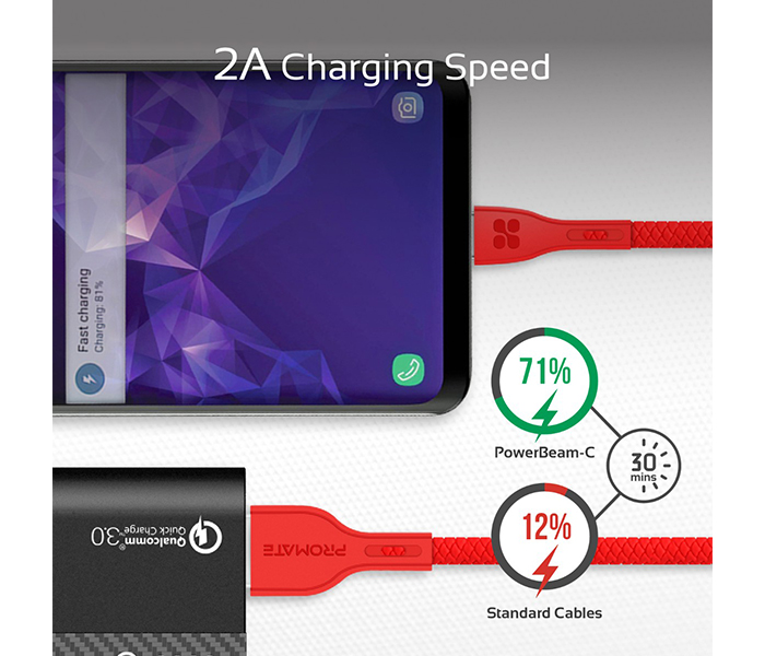 Promate Powerbeam-C USB to USB Type C Fast Charging Cable with Over-Current Protection - 1.2 Metre, Red - Zoom Image 6