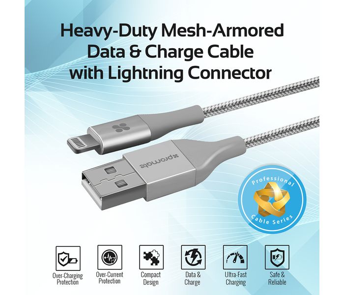 Promate Cable-LTF Heavy Duty Mesh Armored USB Lightning Charge Cable - Silver - Zoom Image 1