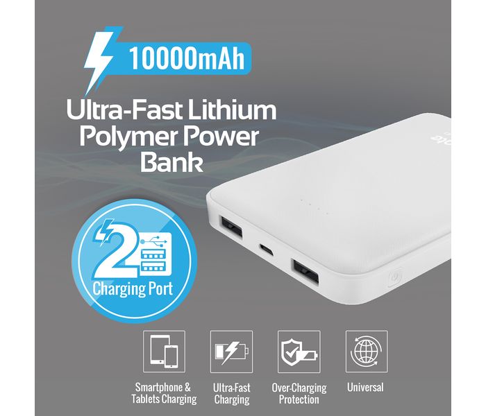 Promate VolTag-10 10000 mAh Compact Portable Charger Power Bank with Dual USB Port, White - Zoom Image 1