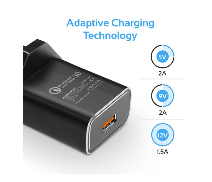 Promate UniGear-QC3.Uk Qualcomm 3 in 1 Quick Charger 3.0 Travel and Car Charger Kit with Type C, Black - Zoom Image 7