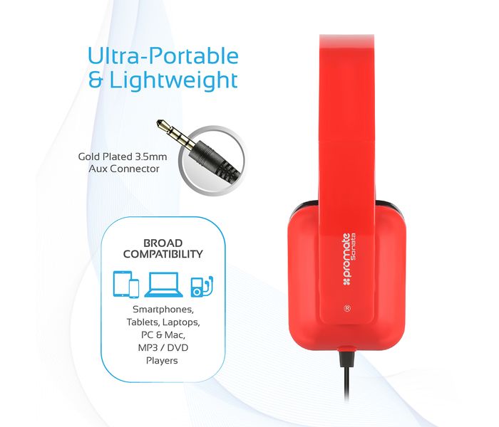 Promate Sonata Foldable Over-The-Ear Wired Stereo Headset, Red - Zoom Image 3