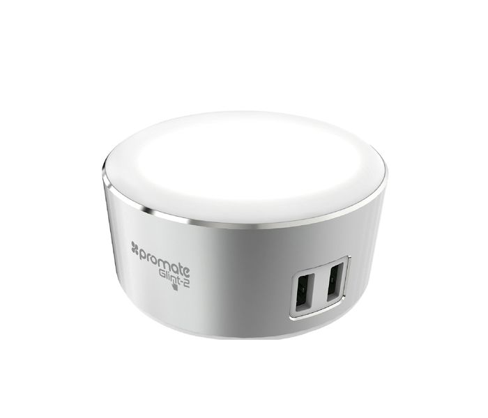 Promate Glint-2.EU Portable 2.4A Dual Port USB Wall Charger with Touch Sensitive Soothing Night LED Light, White - Zoom Image 7