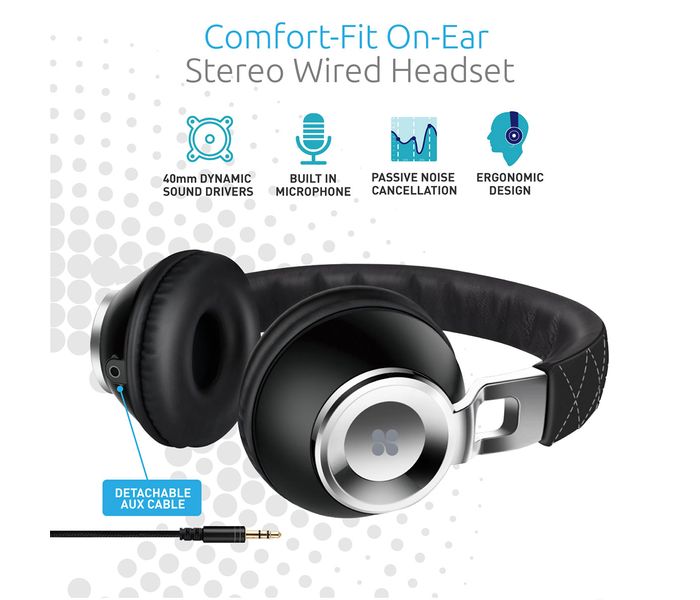 Promate Thumb Over the Ear Stereo Wired Headset with Portable Foldable Headband, Black - Zoom Image 1