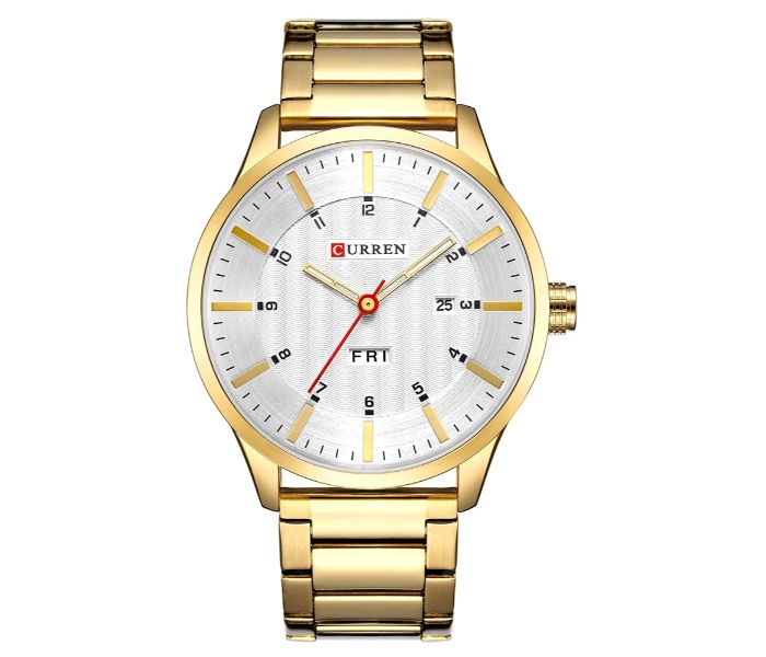 Curren 8316 Steel Belt Calendar Week Quartz Watch For Men Gold And White - Zoom Image