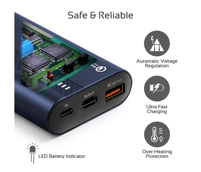 Promate Powertank-10 Portable 10000mAh with Qualcomm QC 3.0 and Over Charging Protection - Blue - Zoom Image 3