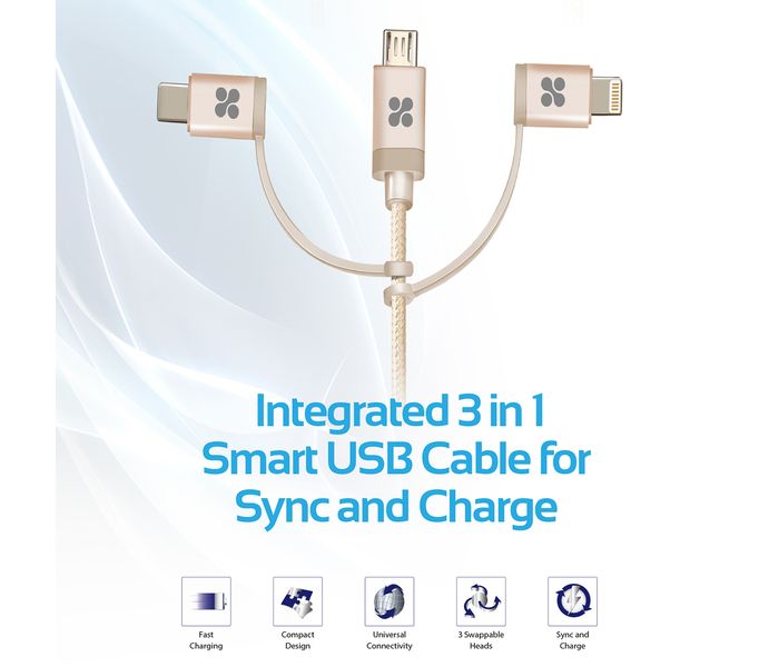 Promate UniLink-Trio 3 in 1 Triple Head Data and Charge Cable with Lightning, Type-C, and Micro-USB Connectors - Gold - Zoom Image 1