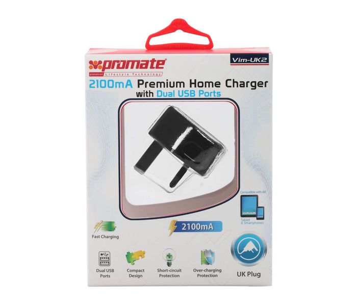 Promate Vim-UK2 2100mA Premium Home Charger with Dual USB Ports, Black - Zoom Image 4