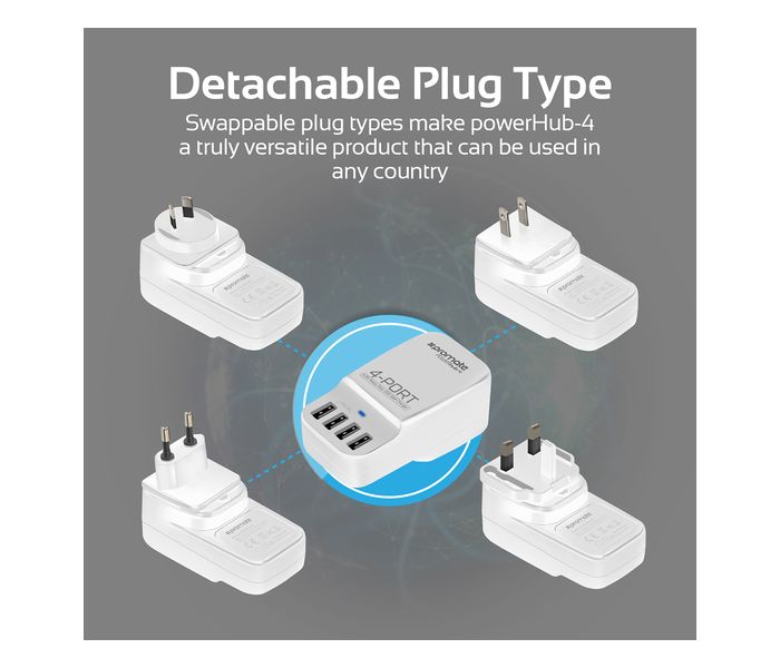 Promate PowerHub-4 6.8A High Speed USB Wall Fast Charger with 4 USB Ports, White - Zoom Image 6