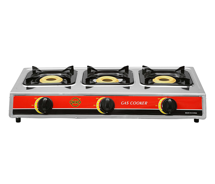 Okko 3 Burner Gas Stove With Auto Ignition - Red & Silver - Zoom Image 2