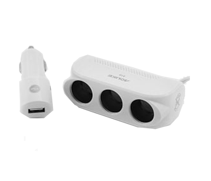 Aolike Single USB Port & 3 Socket Cigarette Lighter Car Charger Splitter, White - Zoom Image 1