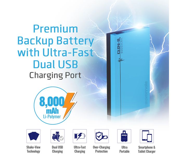 Promate Cloy-8 8000 mAh Dual Port Portable Charger Power Bank, Blue - Zoom Image 1