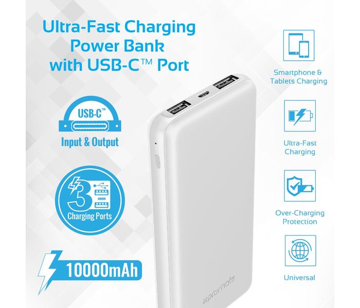 Promate VolTag-10C 10000 mAh Portable Charger Power Bank with Dual USB, White - Zoom Image 1