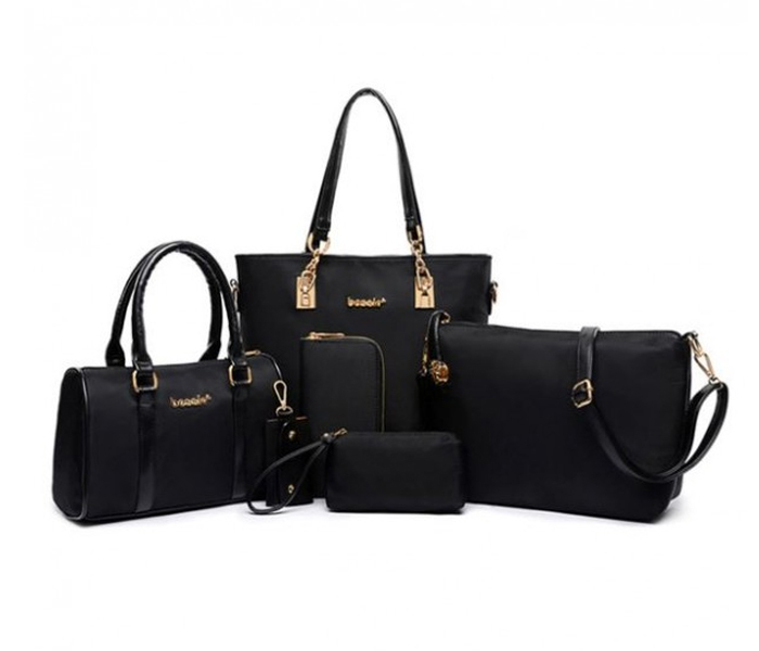 6 Pieces PU Leather Lattice print Composite Bags Set for Women - Black - Zoom Image