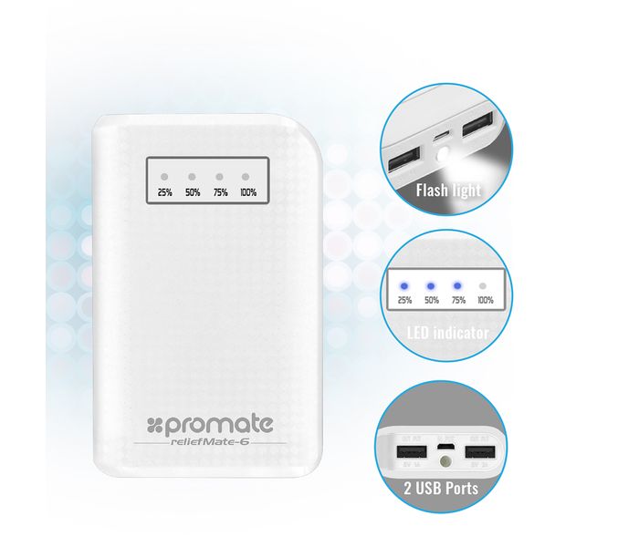 Promate ReliefMate-6 6000 mAh Compact Universal Power Bank, White - Zoom Image 3