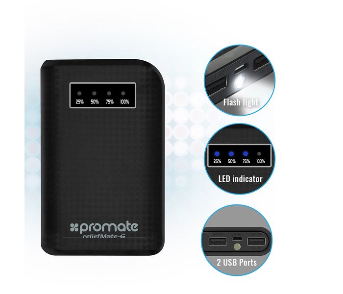 Promate ReliefMate-6 6000 mAh Compact Universal Power Bank, Black - Zoom Image 3