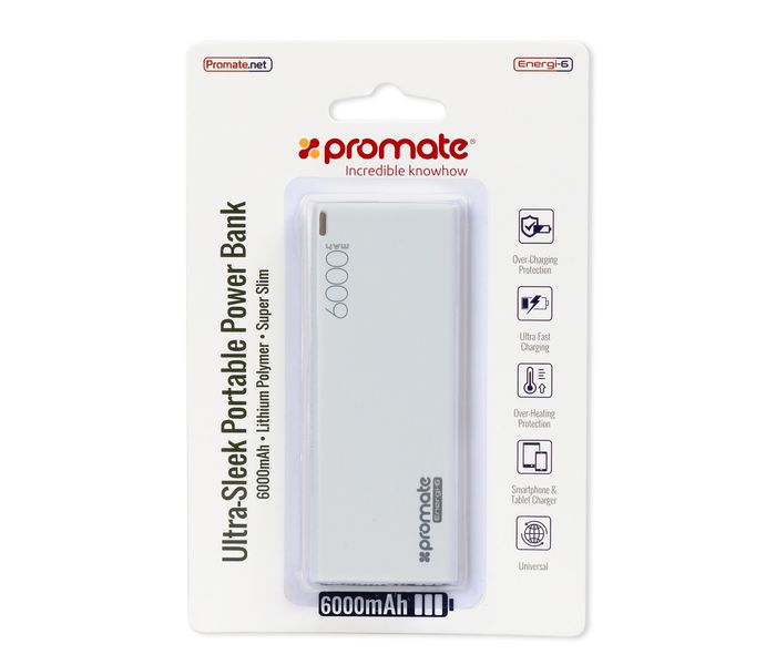 Promate Energi-6 6000 mAh Ultra Compact Portable Power Bank with 2.1A USB Port, White - Zoom Image 6