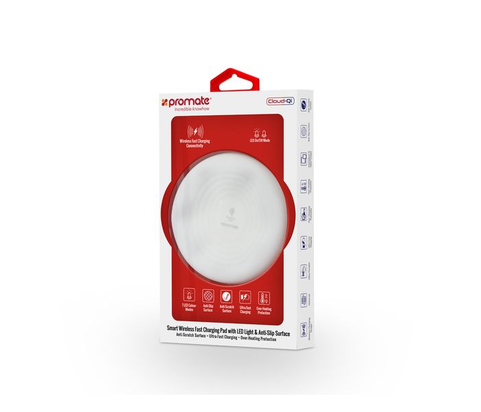 Promate Cloud-Qi Smart Wireless Charging Pad with LED Light & Anti-Slip Surface, White - Zoom Image 6