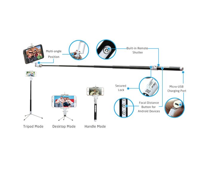 Promate Snapshot Extendable Carbon Fiber Monopod Kit with Wireless Shutter, White - Zoom Image 7