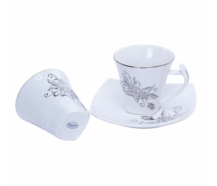 Royalford RF5726 12 Pieces Porcelain Cup & Saucer - White & Silver - Zoom Image 1