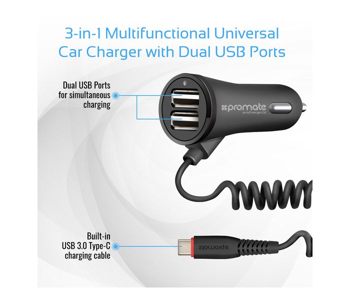 Promate ProCharge-C2 Ultra Fast 3.4A Dual USB Car Charger with Built in USB Type C, Black - Zoom Image 2