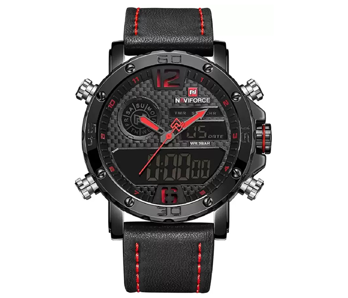 Naviforce 9134 Men Analog-Digital Leather Starp Watch - Red - Zoom Image 1