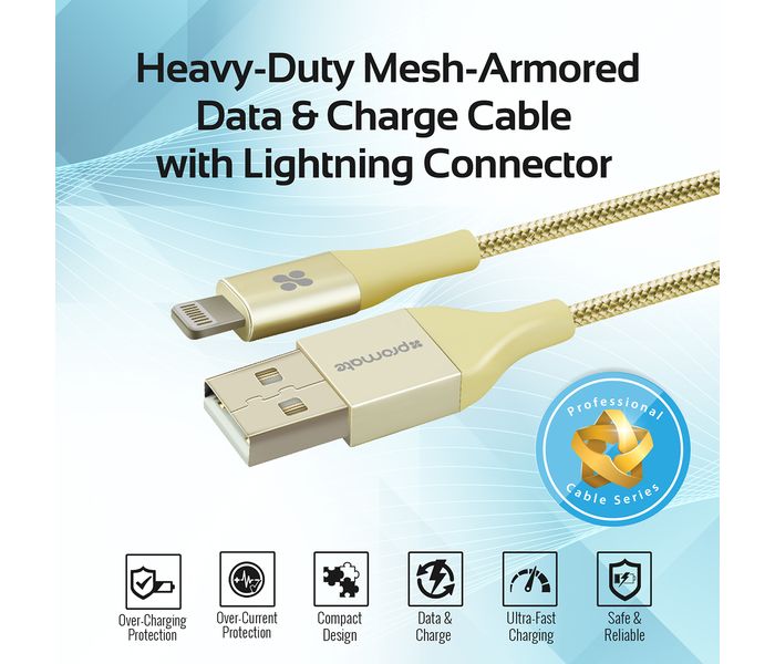 Promate Cable-LTF Heavy Duty Mesh Armored USB Lightning Charge Cable - Gold - Zoom Image 1