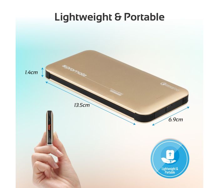 Promate Crown-10QC 10000 mAh Portable Power Bank with 18W USB Type C Charging Port, Gold - Zoom Image 5