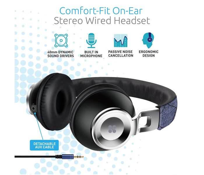 Promate Thumb Over the Ear Stereo Wired Headset with Portable Foldable Headband, Blue - Zoom Image 1