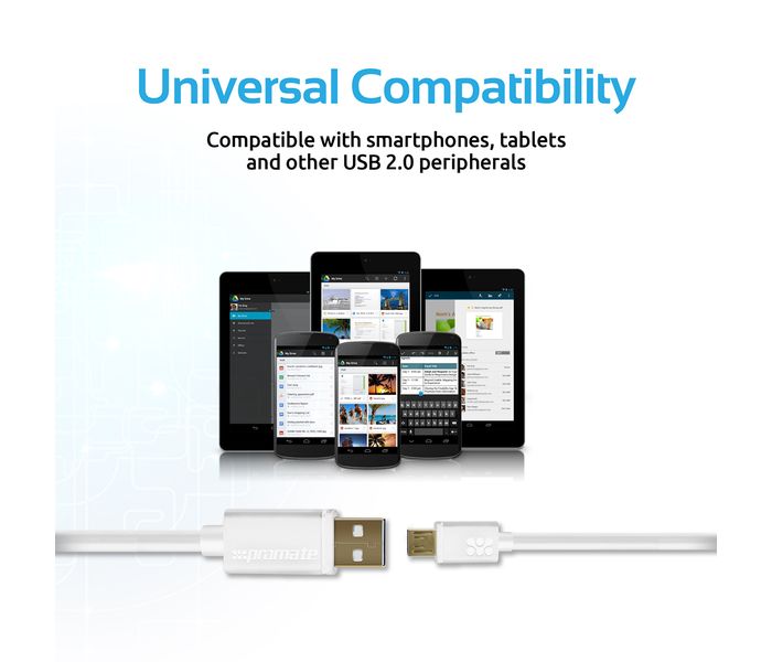 Promate LinkMate-U2 Premium USB to Micro-USB 2.0 flexShield Copper Cable for Mobile Phones - White - Zoom Image 6