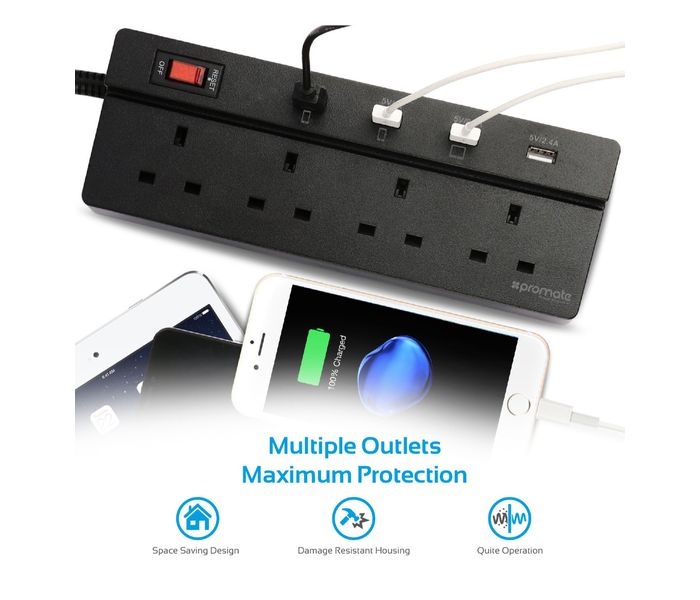 Promate PowerStrip-4UK 2500W 10A Multiport Power Strip for Home & Office, Black - Zoom Image 5